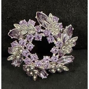 Vintage Napier Lavender Rhinestone Wreath Brooch Silver Tone 2” Floral Pin CP104